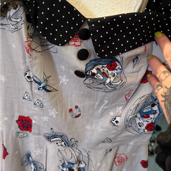 Hell Bunny Dresses & Skirts - Hell Bunny Gray Dress with Red and Blue Tattoo Print